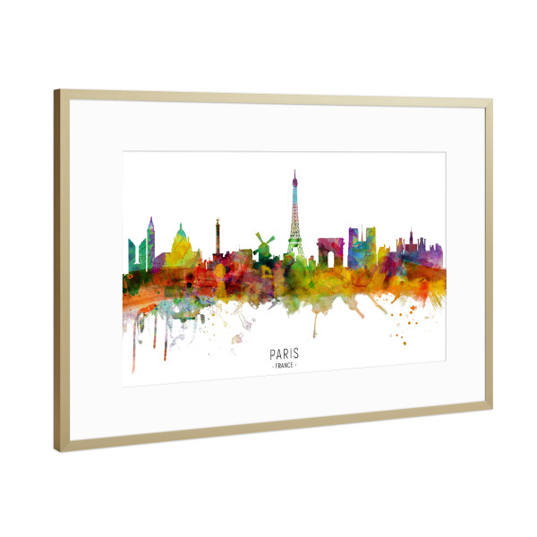 Poster mit Rahmen Gold "Paris France Skyline txt" artboxONE - Städte / Paris - Paris,France,Skyline,Cityscape,Stadtbild,Watercolor,Painting