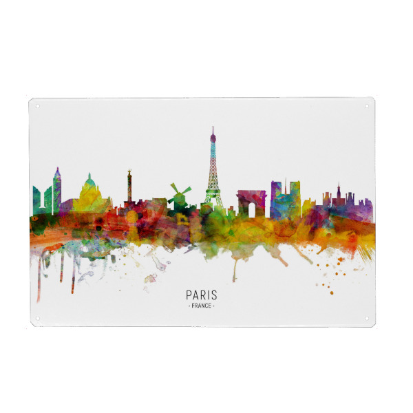 Holzbild "Paris France Skyline txt" artboxONE - Städte / Paris - Paris,France,Skyline,Cityscape,Stadtbild,Watercolor,Painting
