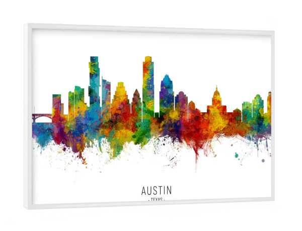 Poster mit weißem Rahmen "Austin Texas Skyline txt" artboxONE - Städte - Austin,Texas,Skyline,Cityscape,Stadtbild,Watercolor,Painting