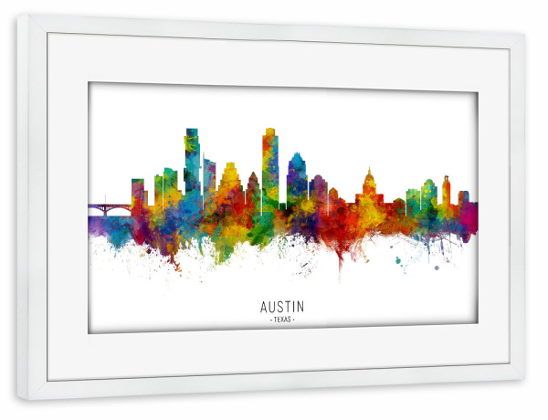 Poster mit Rahmen weiß "Austin Texas Skyline txt" artboxONE - Städte - Austin,Texas,Skyline,Cityscape,Stadtbild,Watercolor,Painting