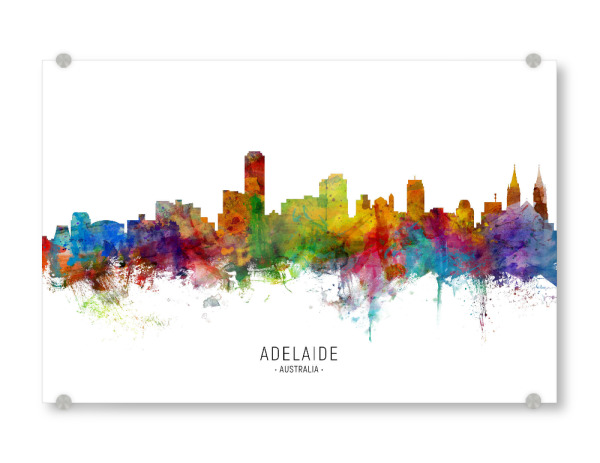 Acrylglasbild "Adelaide Australia Skyline txt" artboxONE - Städte - Adelaide,Australia,Skyline,Cityscape,Stadtbild,Watercolor,Painting