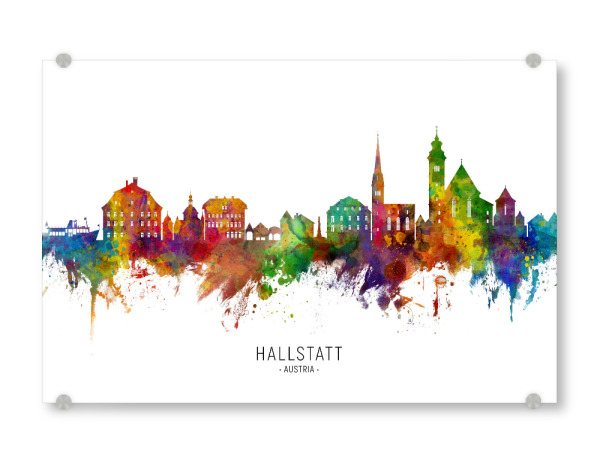 Acrylglasbild "Hallstatt Austria Skyline txt" artboxONE - Städte - Hallstatt,Austria,Skyline,Cityscape,Stadtbild,Watercolor,Painting