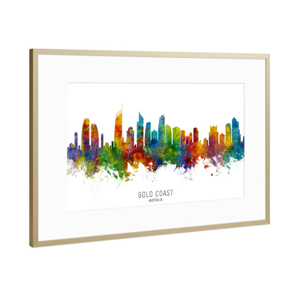 Poster mit Rahmen Gold "Gold Coast Australia Skyline txt" artboxONE - Städte - Gold coast,Australia,Skyline,Cityscape,Stadtbild,Watercolor,Painting