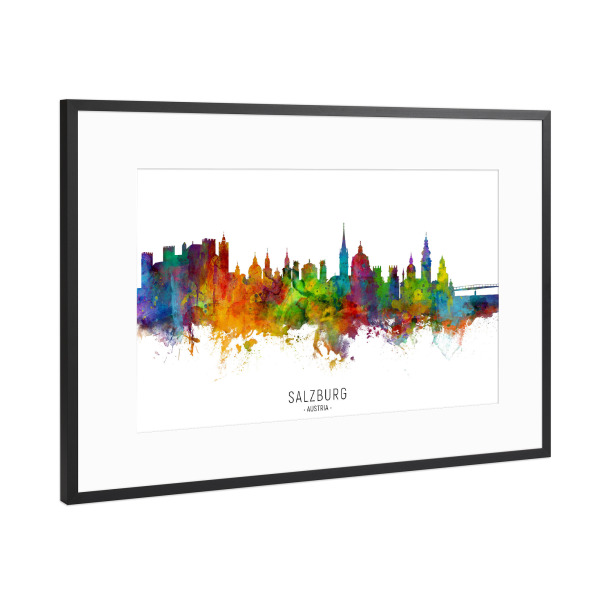 Poster mit Rahmen Schwarz (Metallic) "Salzburg Austria Skyline txt" artboxONE - Städte