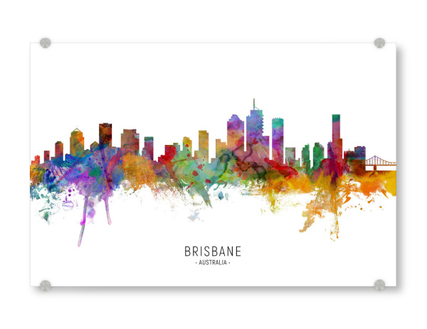 Acrylglasbild "Brisbane Australia Skyline txt" artboxONE - Städte - Brisbane,Australia,Skyline,Cityscape,Stadtbild,Watercolor,Painting