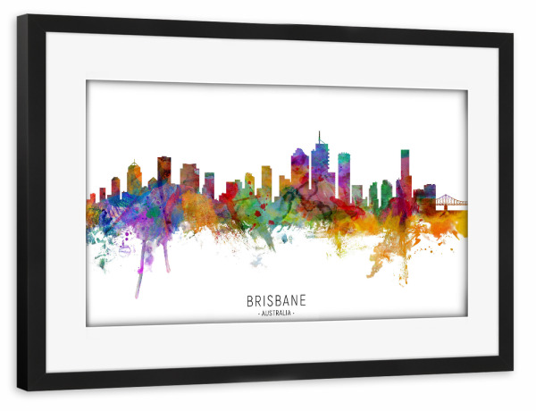 Poster mit Rahmen schwarz "Brisbane Australia Skyline txt" artboxONE - Städte - Brisbane,Australia,Skyline,Cityscape,Stadtbild,Watercolor,Painting
