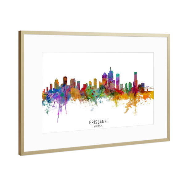 Poster mit Rahmen Gold "Brisbane Australia Skyline txt" artboxONE - Städte - Brisbane,Australia,Skyline,Cityscape,Stadtbild,Watercolor,Painting