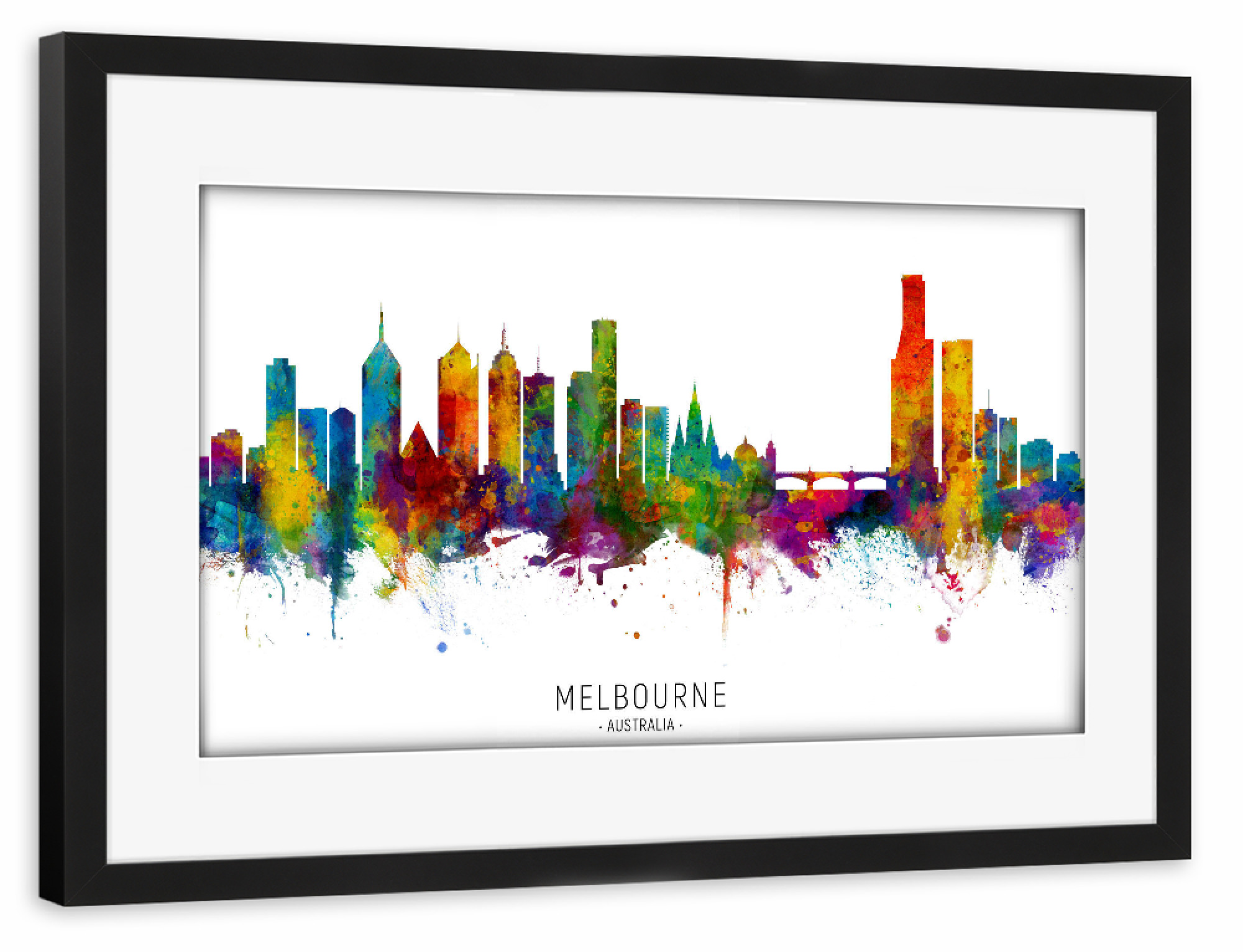 Poster mit Rahmen schwarz "Melbourne Australia Skyline txt" artboxONE - Städte - Melbourne,Australia,Skyline,Cityscape,Stadtbild,Watercolor,Painting
