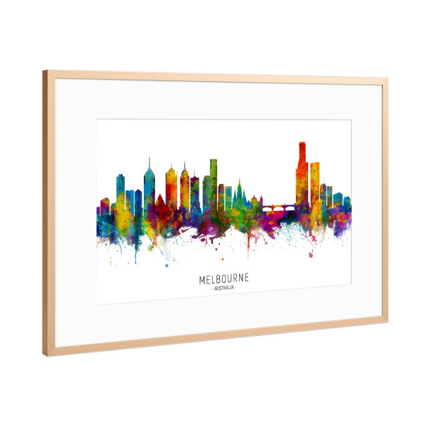 Poster mit Rahmen Kupfer "Melbourne Australia Skyline txt" artboxONE - Städte - Melbourne,Australia,Skyline,Cityscape,Stadtbild,Watercolor,Painting
