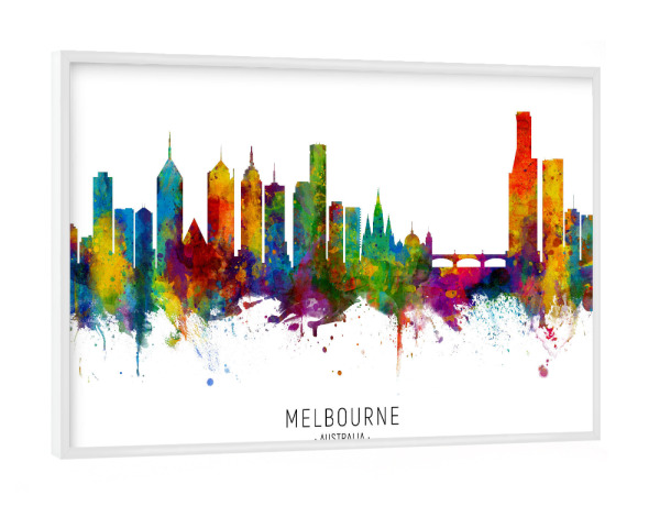 Poster mit weißem Rahmen "Melbourne Australia Skyline txt" artboxONE - Städte - Melbourne,Australia,Skyline,Cityscape,Stadtbild,Watercolor,Painting