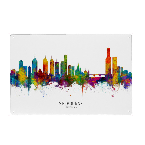 Holzbild "Melbourne Australia Skyline txt" artboxONE - Städte - Melbourne,Australia,Skyline,Cityscape,Stadtbild,Watercolor,Painting