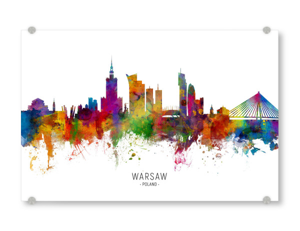 Acrylglasbild "Warsaw Poland Skyline txt" artboxONE - Städte - Warsaw,Poland,Skyline,Cityscape,Stadtbild,Watercolor,Painting