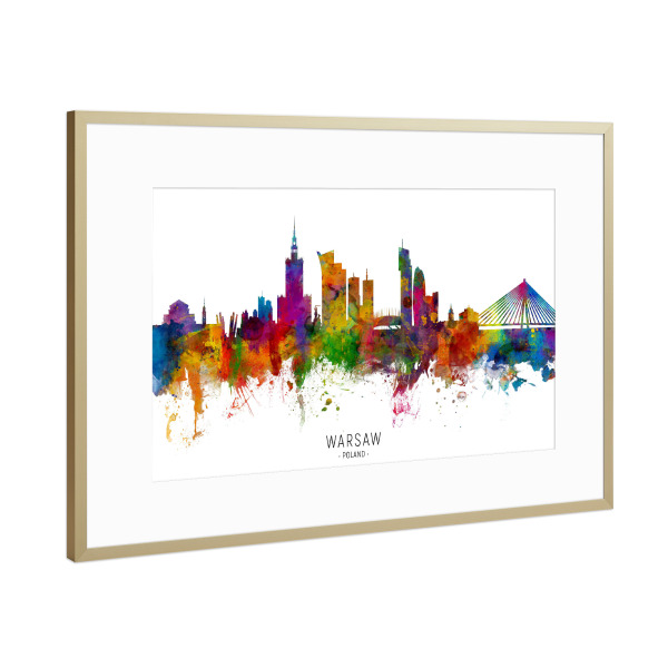 Poster mit Rahmen Gold "Warsaw Poland Skyline txt" artboxONE - Städte - Warsaw,Poland,Skyline,Cityscape,Stadtbild,Watercolor,Painting