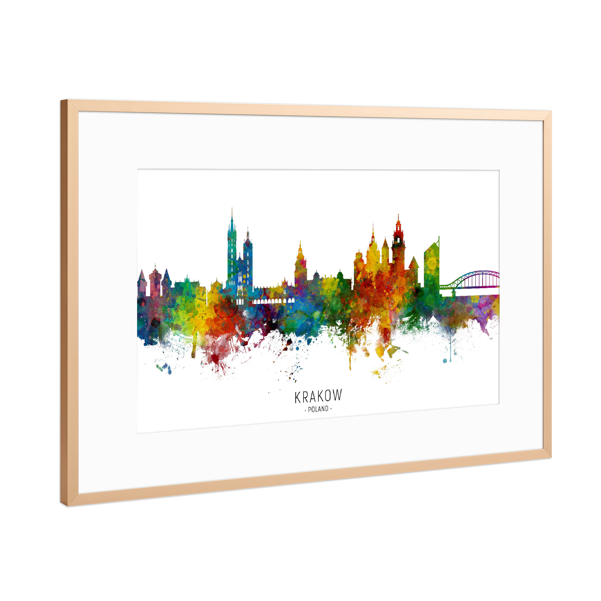 Poster mit Rahmen Kupfer "Krakow Poland Skyline txt" artboxONE - Städte - Krakow,Poland,Skyline,Cityscape,Stadtbild,Watercolor,Painting