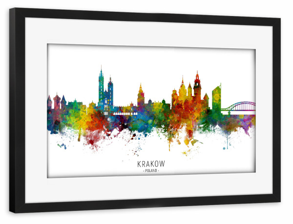 Poster mit Rahmen schwarz "Krakow Poland Skyline txt" artboxONE - Städte - Krakow,Poland,Skyline,Cityscape,Stadtbild,Watercolor,Painting