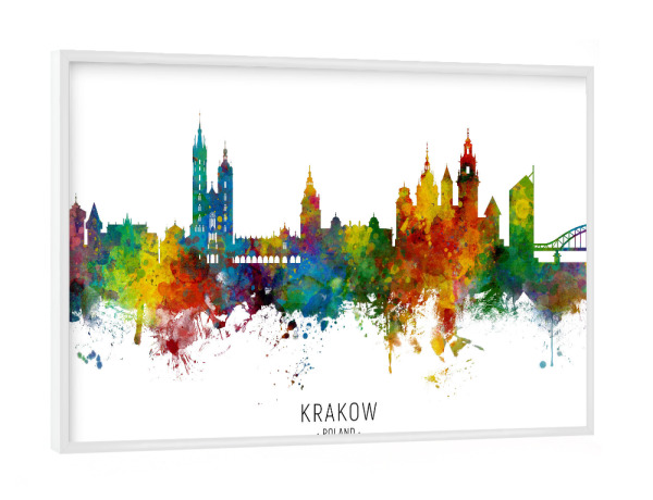 Poster mit weißem Rahmen "Krakow Poland Skyline txt" artboxONE - Städte - Krakow,Poland,Skyline,Cityscape,Stadtbild,Watercolor,Painting