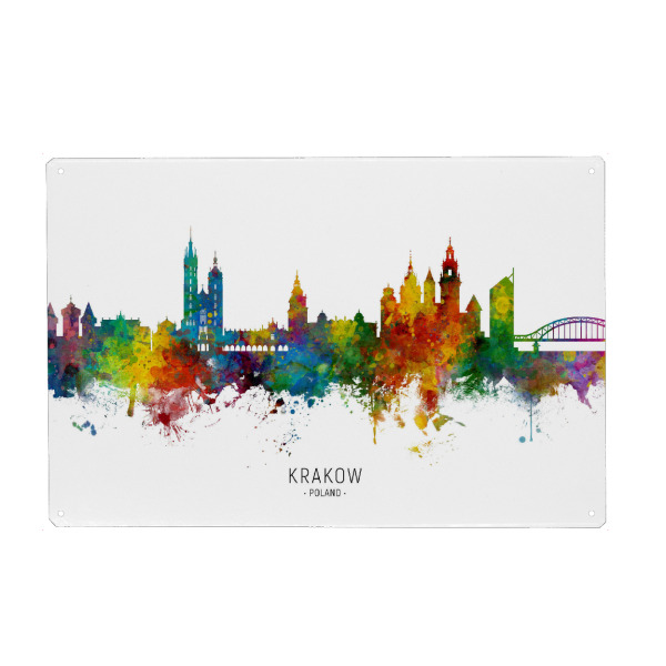Metall Poster "Krakow Poland Skyline txt" artboxONE - Städte - Krakow,Poland,Skyline,Cityscape,Stadtbild,Watercolor,Painting - Blechschild