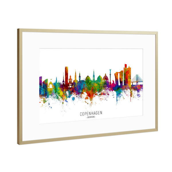 Poster mit Rahmen Gold "Copenhagen Denmark Skyline txt" artboxONE - Städte / København