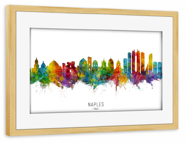 Poster mit Rahmen kiefer "Naples Italy Skyline txt" artboxONE - Städte - Naples,Italy,Skyline,Cityscape,Stadtbild,Watercolor,Painting