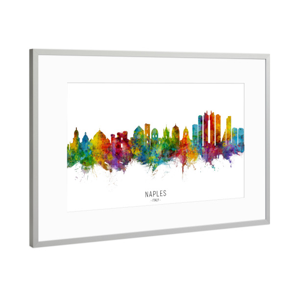Poster mit Rahmen Silber "Naples Italy Skyline txt" artboxONE - Städte - Naples,Italy,Skyline,Cityscape,Stadtbild,Watercolor,Painting