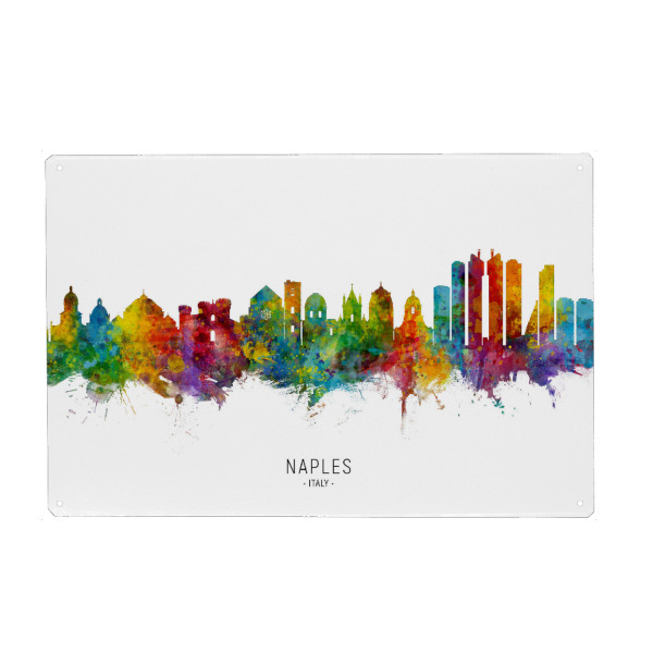Holzbild "Naples Italy Skyline txt" artboxONE - Städte - Naples,Italy,Skyline,Cityscape,Stadtbild,Watercolor,Painting