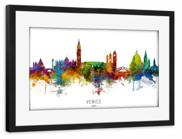 Poster mit Rahmen schwarz "Venice Italy Skyline txt" artboxONE - Städte / Venedig - Venice,Italy,Skyline,Cityscape,Stadtbild,Watercolor,Painting