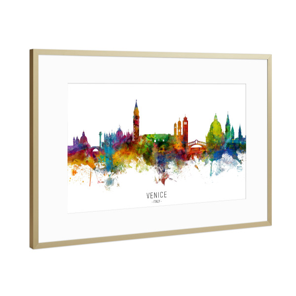 Poster mit Rahmen Gold "Venice Italy Skyline txt" artboxONE - Städte / Venedig - Venice,Italy,Skyline,Cityscape,Stadtbild,Watercolor,Painting