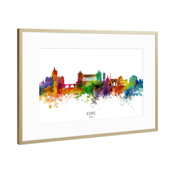 Poster mit Rahmen Gold "Rome Italy Skyline txt" artboxONE - Städte / Rom - Rome,Italy,Skyline,Cityscape,Stadtbild,Watercolor,Painting