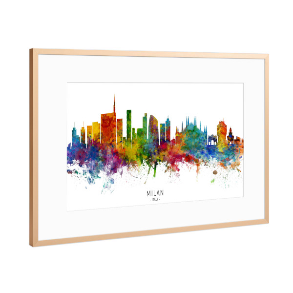 Poster mit Rahmen Kupfer "Milan Italy Skyline txt" artboxONE - Städte - Milan,Italy,Skyline,Cityscape,Stadtbild,Watercolor,Painting