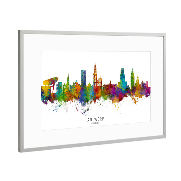 Poster mit Rahmen Silber "Antwerp Belgium Skyline txt" artboxONE - Städte - Antwerp,Belgium,Skyline,Cityscape,Stadtbild,Watercolor,Painting