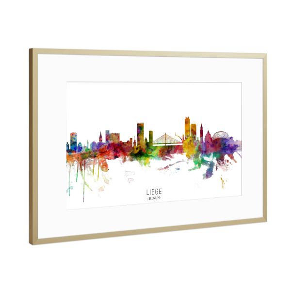 Poster mit Rahmen Gold "Liege Belgium Skyline txt" artboxONE - Städte - Liege,Belgium,Skyline,Cityscape,Stadtbild,Watercolor,Painting