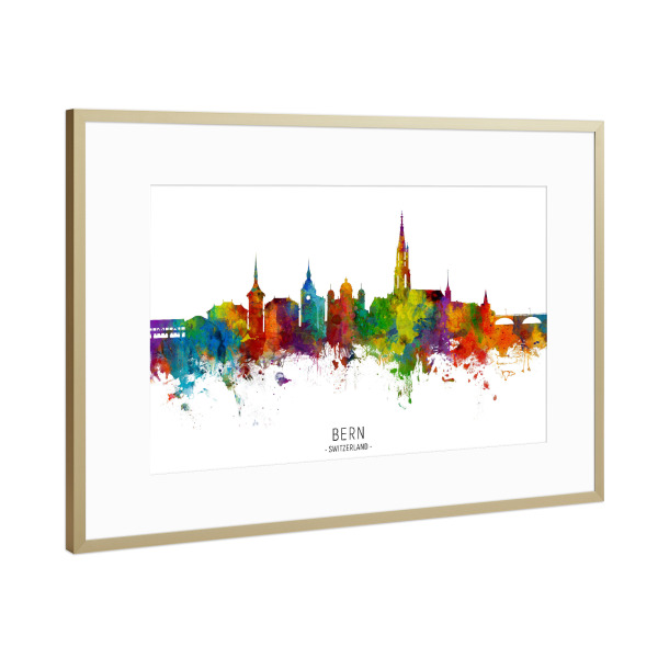 Poster mit Rahmen Gold "Bern Switzerland Skyline txt" artboxONE - Städte - Bern,Switzerland,Skyline,Cityscape,Stadtbild,Watercolor,Painting