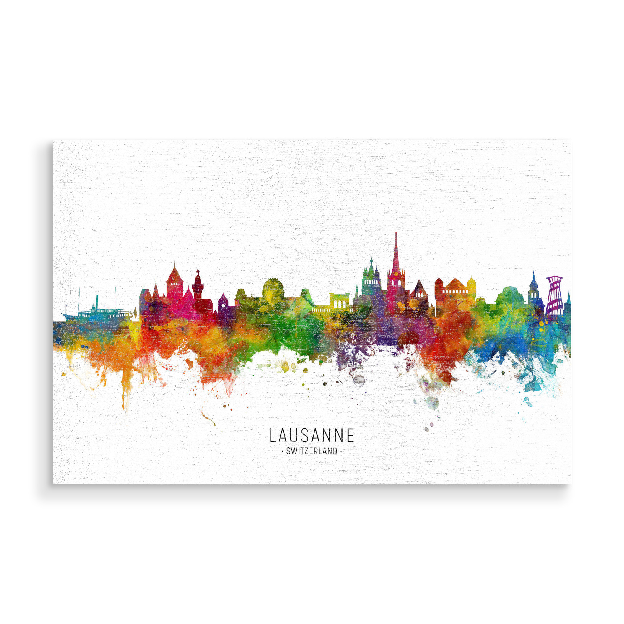 Holzbild "Lausanne Switzerland Skyline txt" artboxONE - Städte - Lausanne,Switzerland,Skyline,Cityscape,Stadtbild,Watercolor,Painting
