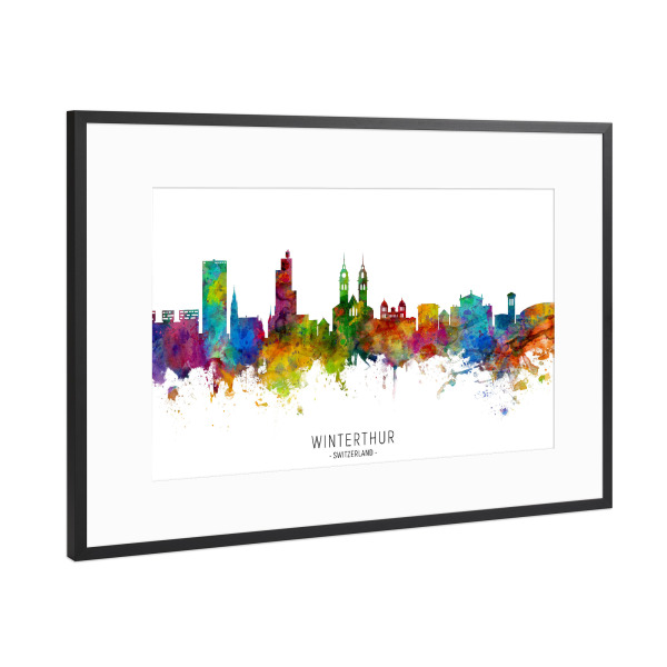 Poster mit Rahmen Schwarz (Metallic) "Winterthur Switzerland Skyline txt" artboxONE - Städte