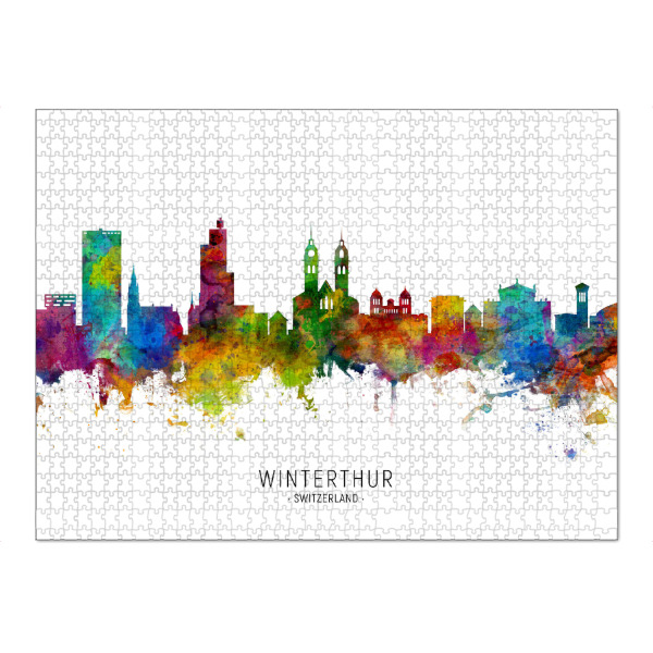 Puzzle Ravensburger "Winterthur Switzerland Skyline txt" artboxONE - Städte - Winterthur,Switzerland,Skyline,Cityscape,Stadtbild,Watercolor,Painting