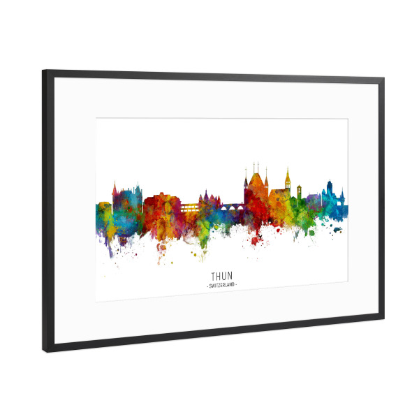 Poster mit Rahmen Schwarz (Metallic) "Thun Switzerland Skyline txt" artboxONE - Städte