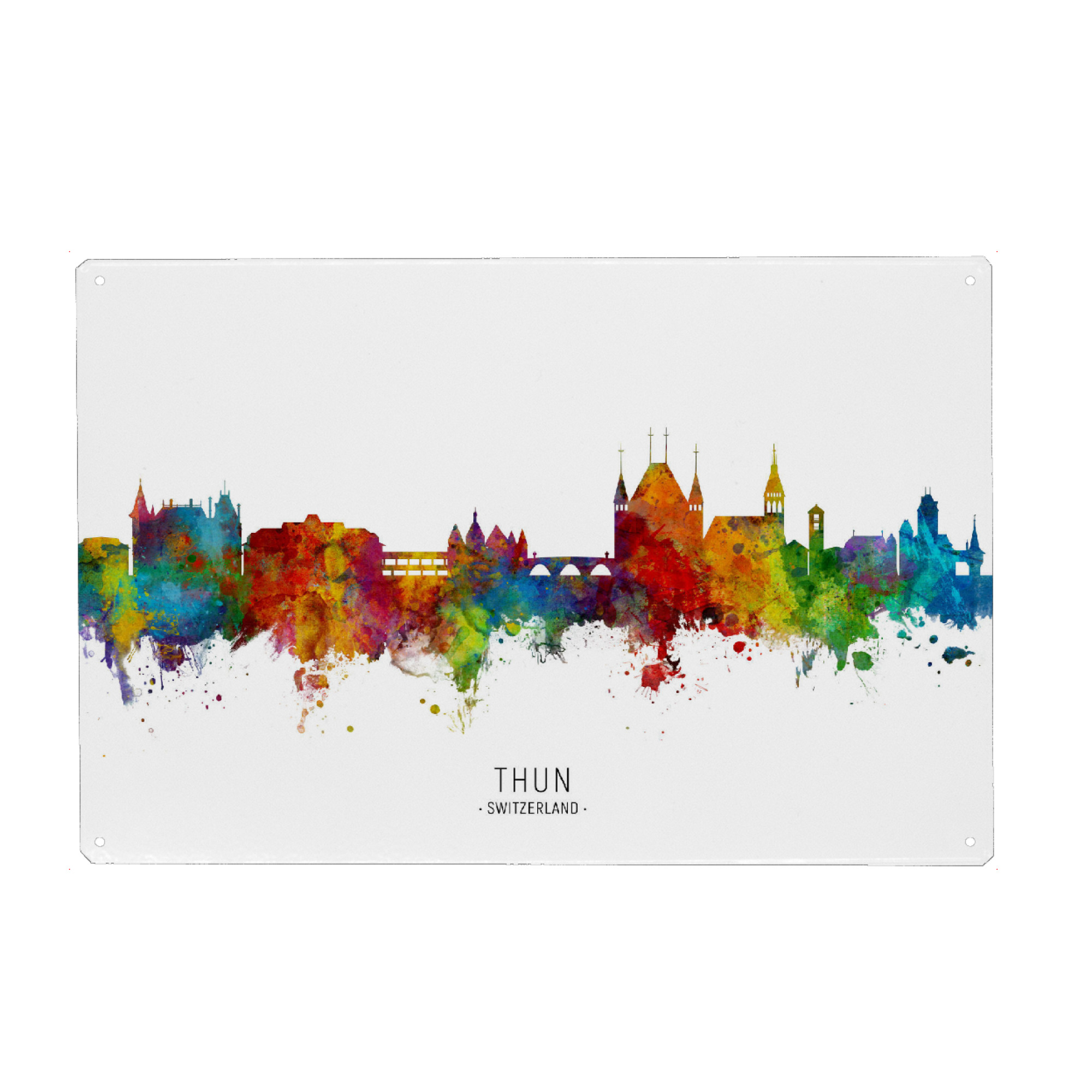 Metall Poster "Thun Switzerland Skyline txt" artboxONE - Städte - Thun,Switzerland,Skyline,Cityscape,Stadtbild,Watercolor,Painting - Blechschild