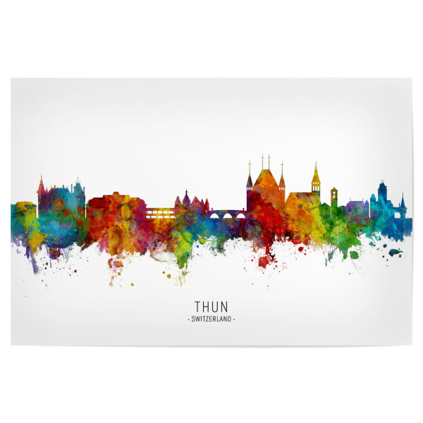 Poster "Thun Switzerland Skyline txt" artboxONE - Städte - Thun,Switzerland,Skyline,Cityscape,Stadtbild,Watercolor,Painting