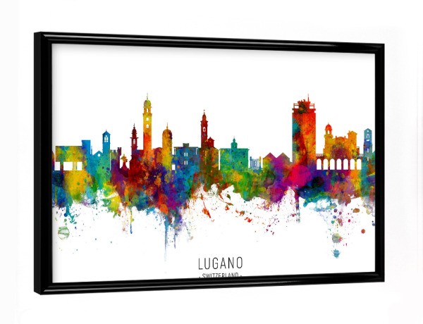 Poster mit schwarzem Rahmen "Lugano Switzerland Skyline txt" artboxONE - Städte - Lugano,Switzerland,Skyline,Cityscape,Stadtbild,Watercolor,Painting