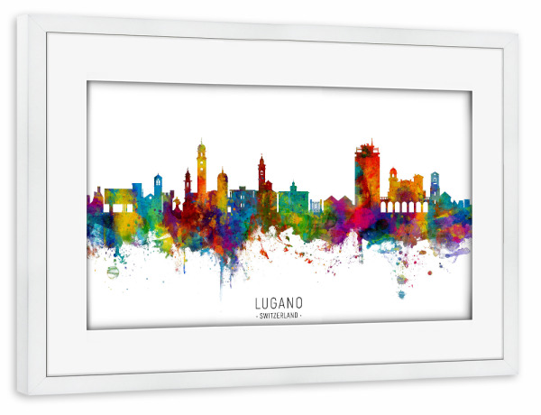 Poster mit Rahmen weiß "Lugano Switzerland Skyline txt" artboxONE - Städte - Lugano,Switzerland,Skyline,Cityscape,Stadtbild,Watercolor,Painting