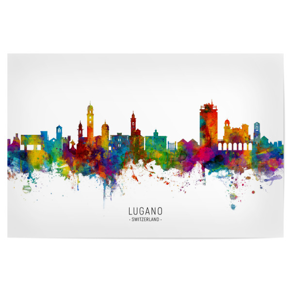 Poster "Lugano Switzerland Skyline txt" artboxONE - Städte - Lugano,Switzerland,Skyline,Cityscape,Stadtbild,Watercolor,Painting