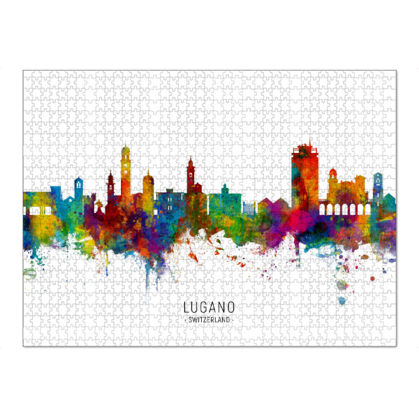 Puzzle Ravensburger "Lugano Switzerland Skyline txt" artboxONE - Städte - Lugano,Switzerland,Skyline,Cityscape,Stadtbild,Watercolor,Painting
