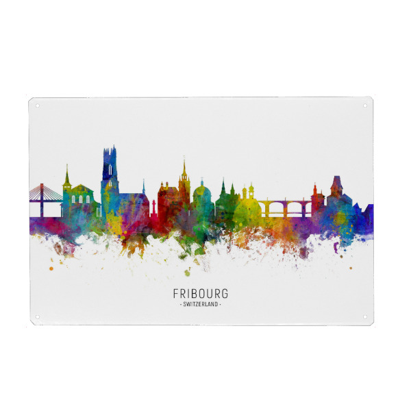 Holzbild "Fribourg Switzerland Skyline txt" artboxONE - Städte - Fribourg,Switzerland,Skyline,Cityscape,Stadtbild,Watercolor,Painting