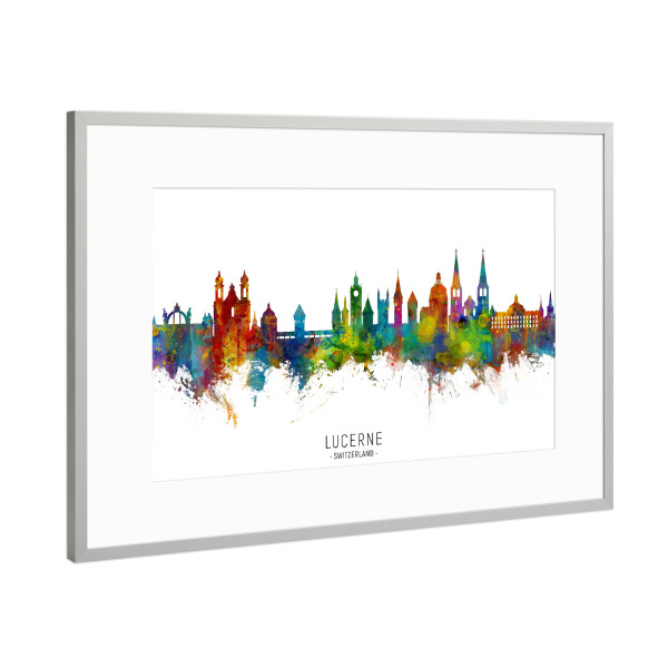 Poster mit Rahmen Silber "Lucerne Switzerland Skyline txt" artboxONE - Städte - Lucerne,Switzerland,Skyline,Cityscape,Stadtbild,Watercolor,Painting