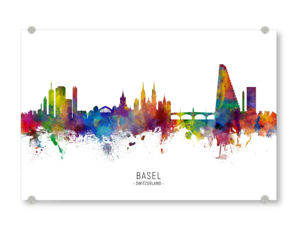 Acrylglasbild "Basel Switzerland Skyline txt" artboxONE - Städte - Basel,Switzerland,Skyline,Cityscape,Stadtbild,Watercolor,Painting