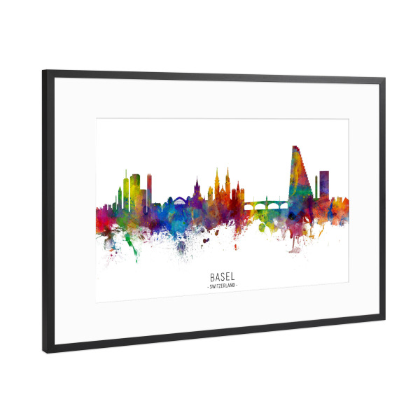 Poster mit Rahmen Schwarz (Metallic) "Basel Switzerland Skyline txt" artboxONE - Städte