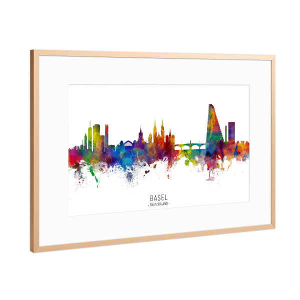 Poster mit Rahmen Kupfer "Basel Switzerland Skyline txt" artboxONE - Städte - Basel,Switzerland,Skyline,Cityscape,Stadtbild,Watercolor,Painting