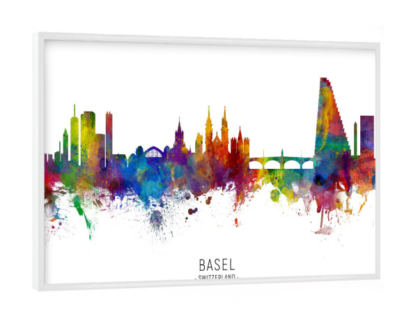 Poster mit weißem Rahmen "Basel Switzerland Skyline txt" artboxONE - Städte - Basel,Switzerland,Skyline,Cityscape,Stadtbild,Watercolor,Painting