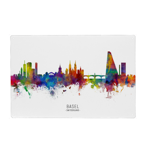Metall Poster "Basel Switzerland Skyline txt" artboxONE - Städte - Basel,Switzerland,Skyline,Cityscape,Stadtbild,Watercolor,Painting - Blechschild