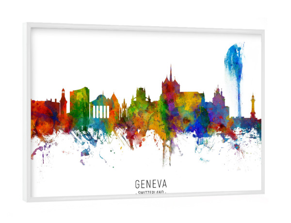 Poster mit weißem Rahmen "Geneva Switzerland Skyline txt" artboxONE - Städte - Geneva,Switzerland,Skyline,Cityscape,Stadtbild,Watercolor,Painting
